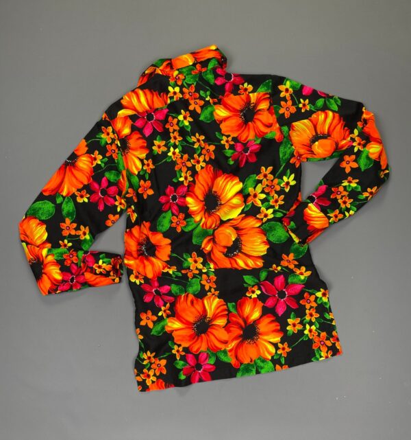 WOW! BRIGHT! 1960S-70S NEON PSYCH FLOWER LONG SLEEVE BUTTON DOWN BARKCLOTH SHIRT