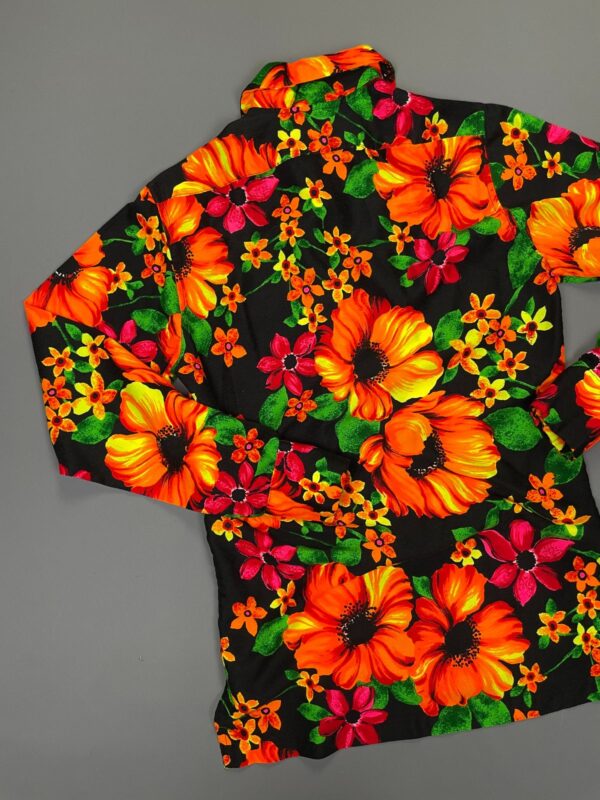 WOW! BRIGHT! 1960S-70S NEON PSYCH FLOWER LONG SLEEVE BUTTON DOWN BARKCLOTH SHIRT