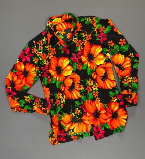 WOW! BRIGHT! 1960S-70S NEON PSYCH FLOWER LONG SLEEVE BUTTON DOWN BARKCLOTH SHIRT