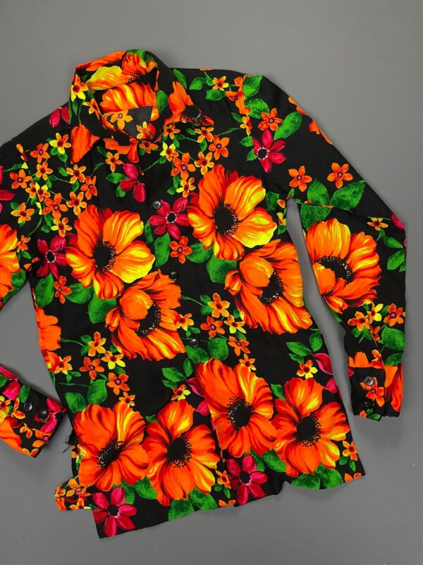 WOW! BRIGHT! 1960S-70S NEON PSYCH FLOWER LONG SLEEVE BUTTON DOWN BARKCLOTH SHIRT