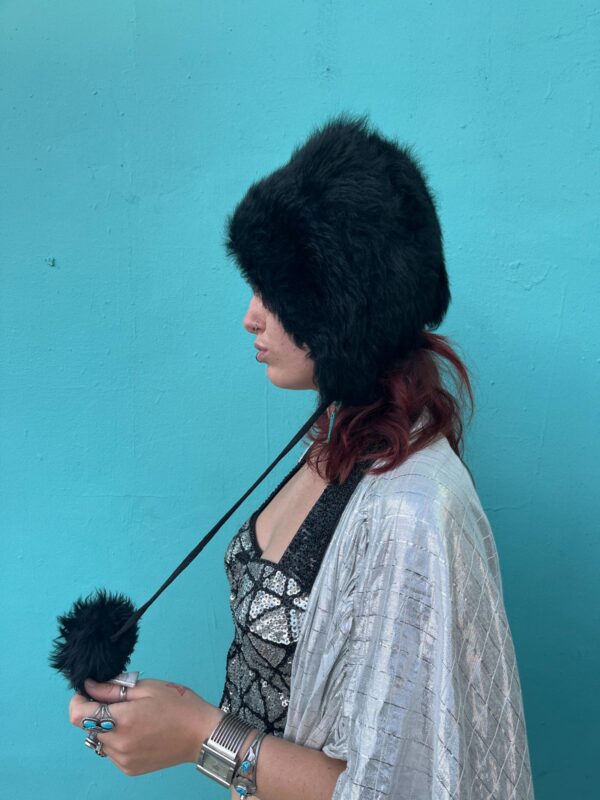 MADE IN ITALY, TUSCAN LAMBS FUR HAT WITH POM POM TASSEL TIES