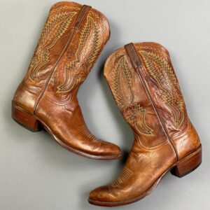 Photo detail:GORGEOUS! LEATHER COWBOY BOOTS COLORFUL YELLOW & GREEN FLAME STYLE STITCHING