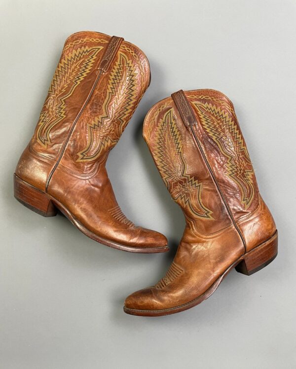 GORGEOUS! LEATHER COWBOY BOOTS COLORFUL YELLOW & GREEN FLAME STYLE STITCHING