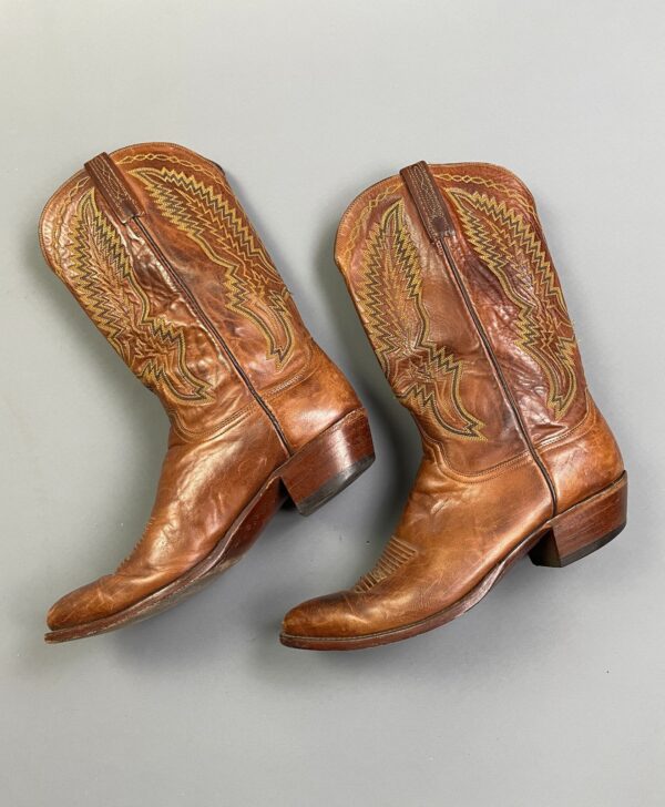 GORGEOUS! LEATHER COWBOY BOOTS COLORFUL YELLOW & GREEN FLAME STYLE STITCHING
