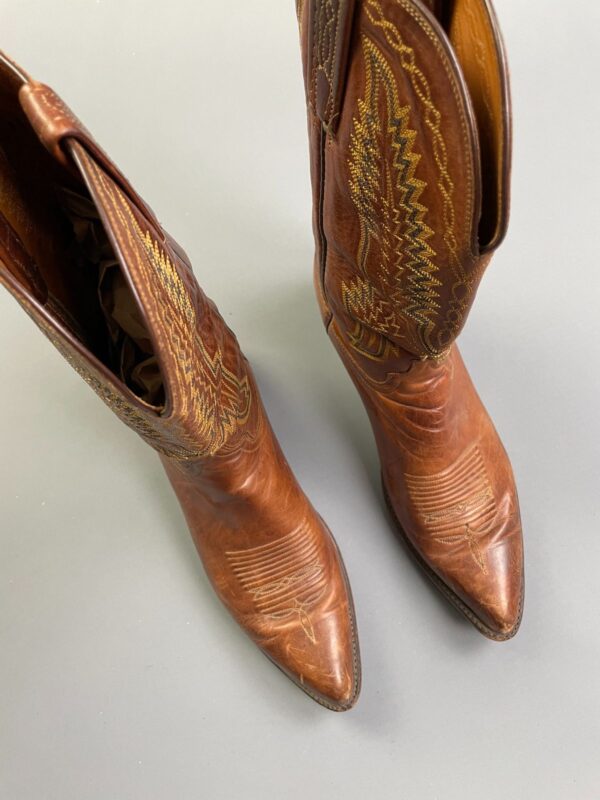 GORGEOUS! LEATHER COWBOY BOOTS COLORFUL YELLOW & GREEN FLAME STYLE STITCHING