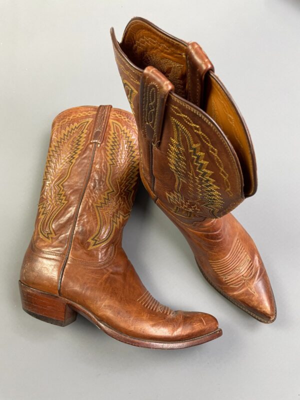 GORGEOUS! LEATHER COWBOY BOOTS COLORFUL YELLOW & GREEN FLAME STYLE STITCHING