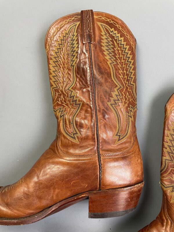 GORGEOUS! LEATHER COWBOY BOOTS COLORFUL YELLOW & GREEN FLAME STYLE STITCHING