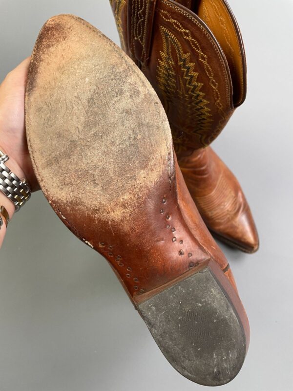 GORGEOUS! LEATHER COWBOY BOOTS COLORFUL YELLOW & GREEN FLAME STYLE STITCHING