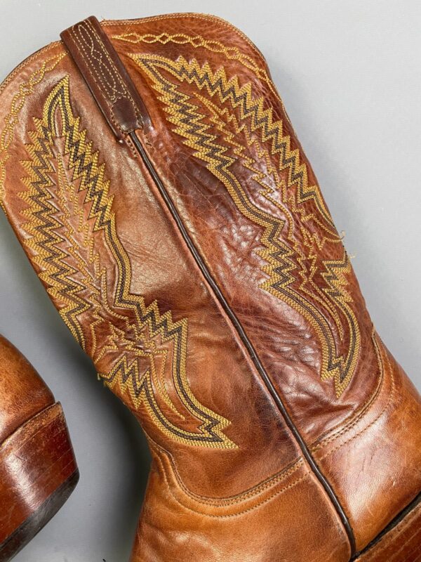 GORGEOUS! LEATHER COWBOY BOOTS COLORFUL YELLOW & GREEN FLAME STYLE STITCHING