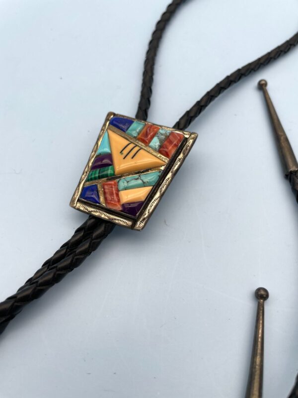 925 COLORFUL MULTI STONE INLAY BOLO TIE *SIGNED JD | STERLING