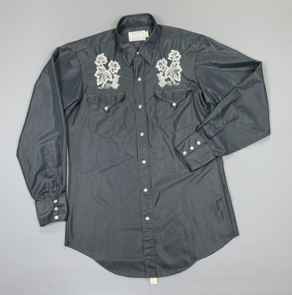 RETRO 1960S NYLON METALLIC EMBROIDERED H BAR C SHEER PEARL SNAP WESTERN SHIRT