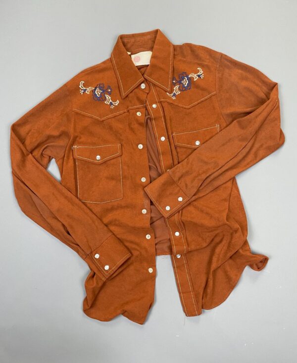 RETRO 1970S VELOUR EMBROIDERED WESTERN SHIRT CONTRAST STITCHING