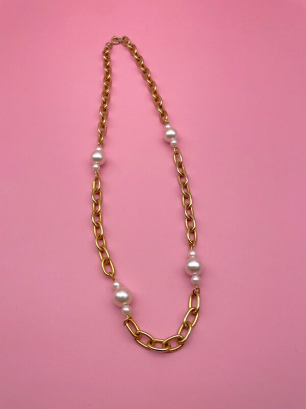 FUNKY! PEARL & OVAL BRASS CHAIN LINK NECKLACE