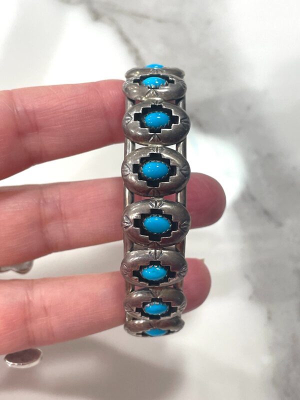 *SIGNED VINTAGE NAVAJO SHADOW BOX STERLING SILVER TURQUOISE CUFF BRACELET