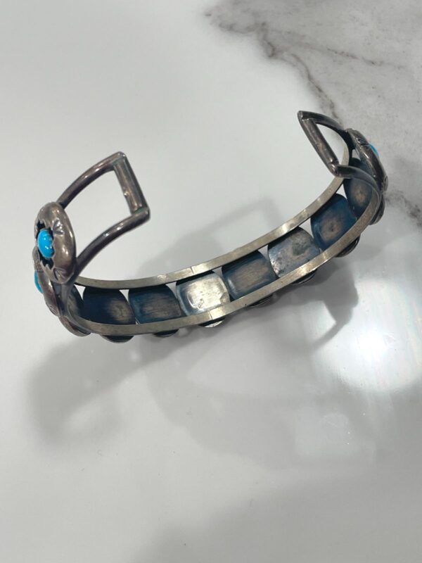 *SIGNED VINTAGE NAVAJO SHADOW BOX STERLING SILVER TURQUOISE CUFF BRACELET