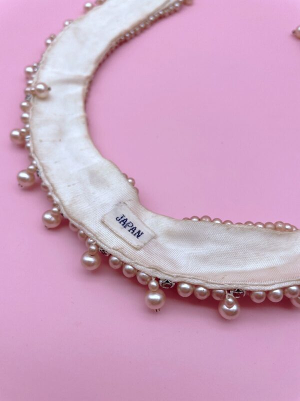 *AS-IS* 1950S-60S PEARL & RHINESTONE SILK-SATIN COLLAR NECKLACE BEADED ACCENTS MADE IN JAPAN