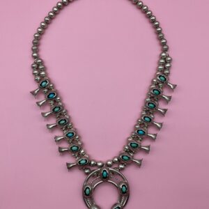 Photo detail:STUNNING! VINTAGE NAVAJO SHADOW BOX 925 STERLING SILVER & TURQUOISE SQUASH BLOSSOM NECKLACE *SIGNED LFK