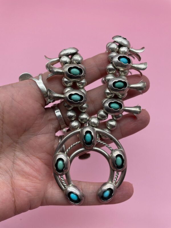 STUNNING! VINTAGE NAVAJO SHADOW BOX 925 STERLING SILVER & TURQUOISE SQUASH BLOSSOM NECKLACE *SIGNED LFK