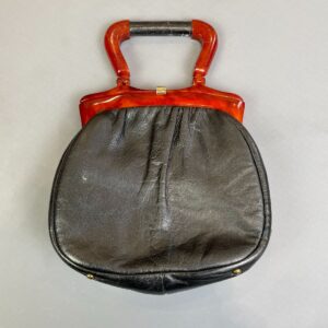 Photo detail:*AS-IS* 1960S MOD LEATHER HANDBAG ACRYLIC TORTOISE HANDLE