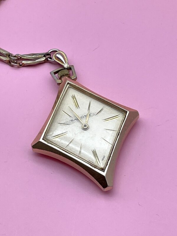 *AS-IS* RETRO 1960S-70S DIAMOND SHAPED POCKET WATCH TIMEPIECE PENDANT NECKLACE FUNKY CHAIN