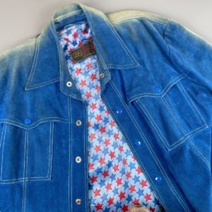 Photo detail:*AS-IS* THE ORIGINAL LEATHER FACTORY BLUE SUEDE JACKETS CONTRAST STITCHING STAR PRINT LINING