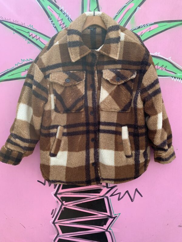 COOL! PLAID FLEECE PULLOVER JACKET QUARTER ZIP QUILTED NYLON LINING