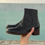 BLACK LEATHER STACKED HEEL MINI HARNESS ANKLE BOOTIE