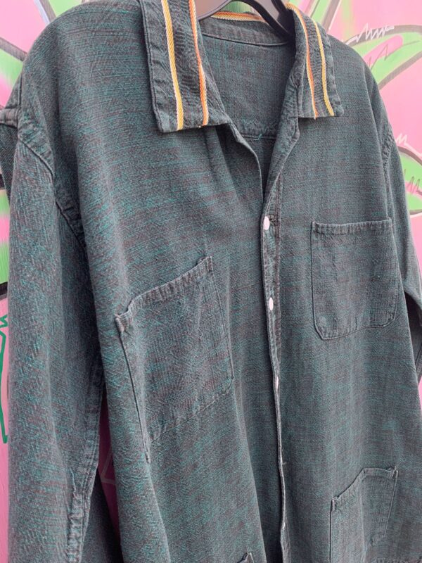 WOVEN LONG SLEEVE CHORE STYLE GUATEMALAN SHIRT W/ STRIPED COLLAR