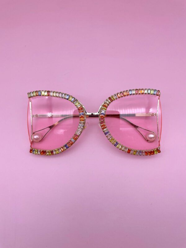 AMAZING! OVERSIZED RAINBOW RHINESTONE GOLD RIMMED SUNGLASSES GOLD FRAME CLEAR PINK LENSES, PEARL DETAIL