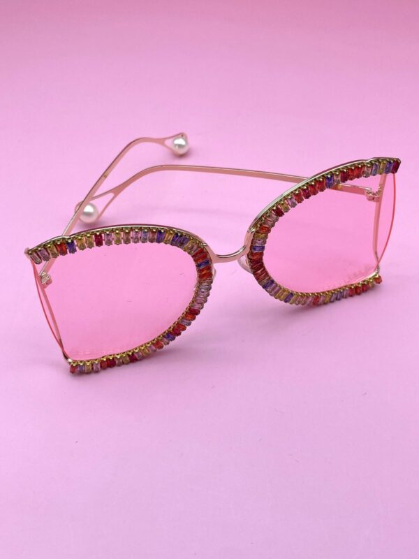 AMAZING! OVERSIZED RAINBOW RHINESTONE GOLD RIMMED SUNGLASSES GOLD FRAME CLEAR PINK LENSES, PEARL DETAIL