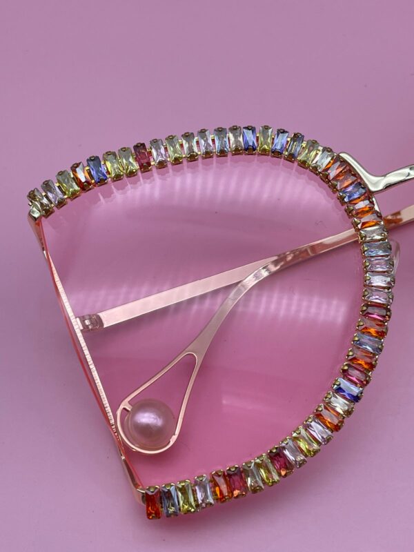 AMAZING! OVERSIZED RAINBOW RHINESTONE GOLD RIMMED SUNGLASSES GOLD FRAME CLEAR PINK LENSES, PEARL DETAIL