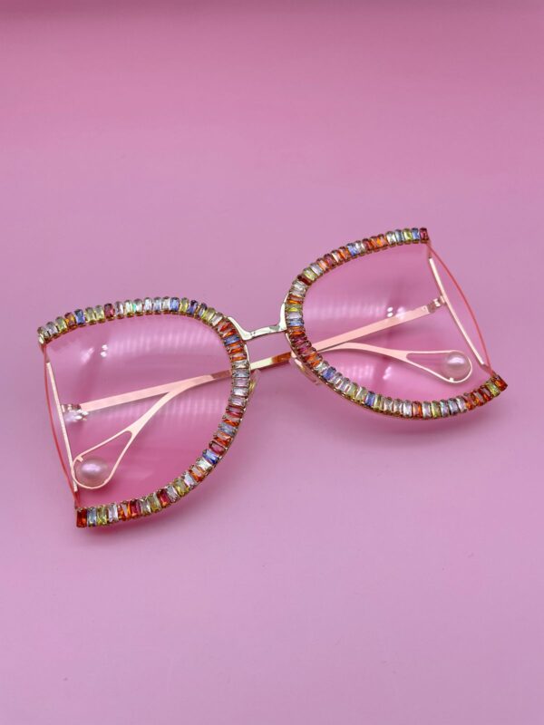 AMAZING! OVERSIZED RAINBOW RHINESTONE GOLD RIMMED SUNGLASSES GOLD FRAME CLEAR PINK LENSES, PEARL DETAIL