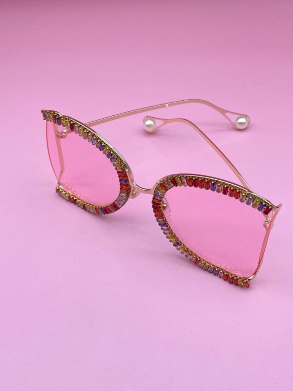 AMAZING! OVERSIZED RAINBOW RHINESTONE GOLD RIMMED SUNGLASSES GOLD FRAME CLEAR PINK LENSES, PEARL DETAIL