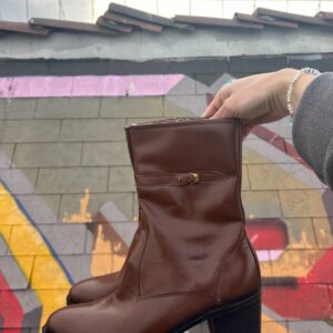 Photo detail:LEATHER ZIP UP HALF CALF GOLD TONE BUCKLE BOOTS