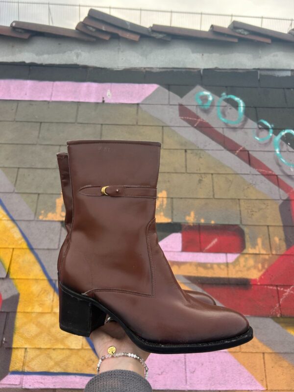 LEATHER ZIP UP HALF CALF GOLD TONE BUCKLE BOOTS