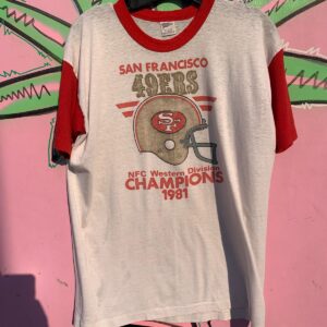 Photo detail:SHEER PAPER THIN SAN FRANCISCO 49ERS 1981 GRAPHIC SINGLE STITCH RINGER SHORT SLEEVE BASEBALL RAGLAN TEE