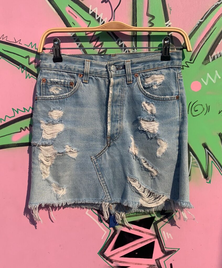 CUTE! SUPER LIGHT WASH DISTRESSED REWORKED DENIM MINI SKIRT