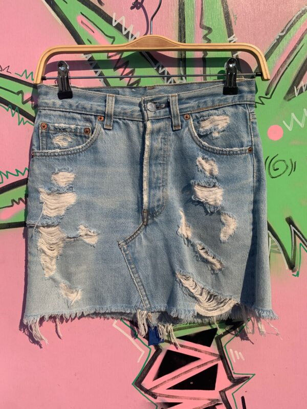 CUTE! SUPER LIGHT WASH DISTRESSED REWORKED DENIM MINI SKIRT