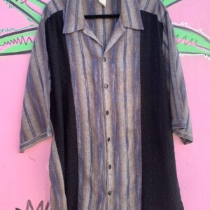 Photo detail:UNIQUE! MADE IN USA 1990S LONG SLEEVE BUTTON DOWN VERTICAL STRIPED TEXTILE SHIRT EYELET LACE PANELS EXTENDED SLEEVE