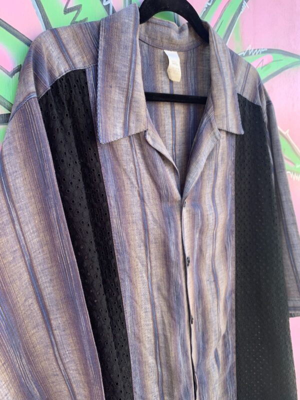 UNIQUE! MADE IN USA 1990S LONG SLEEVE BUTTON DOWN VERTICAL STRIPED TEXTILE SHIRT EYELET LACE PANELS EXTENDED SLEEVE