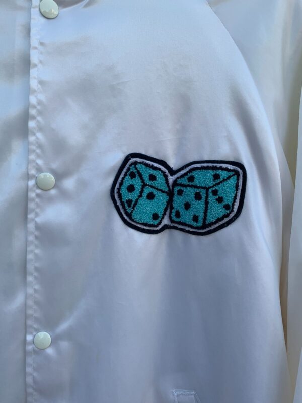 EMBROIDERED LOST IN THE 50S DICE WHITE SATIN BOMBER JACKET