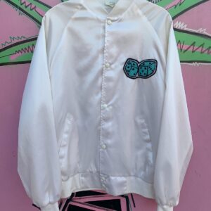 Photo detail:EMBROIDERED LOST IN THE 50S DICE WHITE SATIN BOMBER JACKET