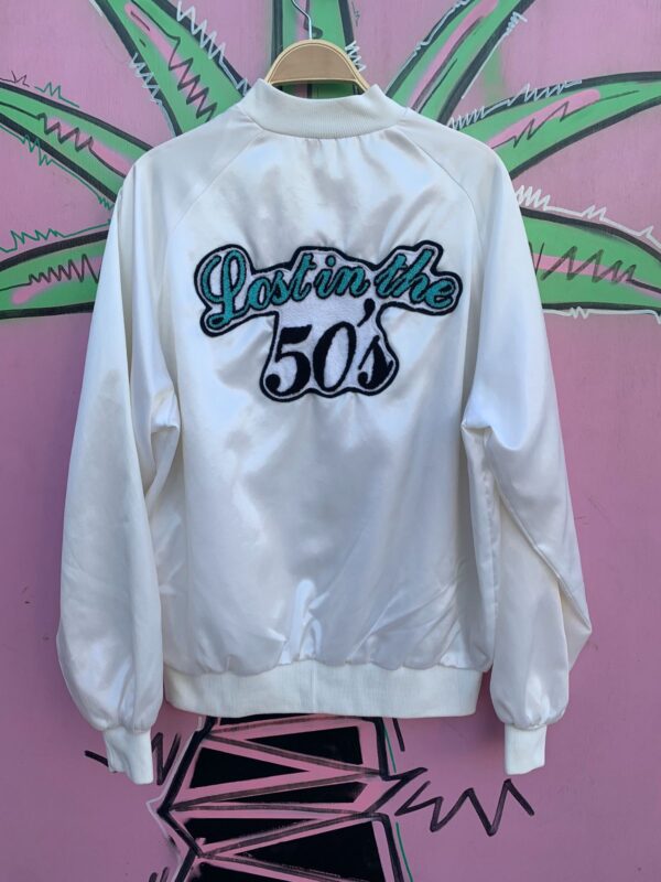 EMBROIDERED LOST IN THE 50S DICE WHITE SATIN BOMBER JACKET