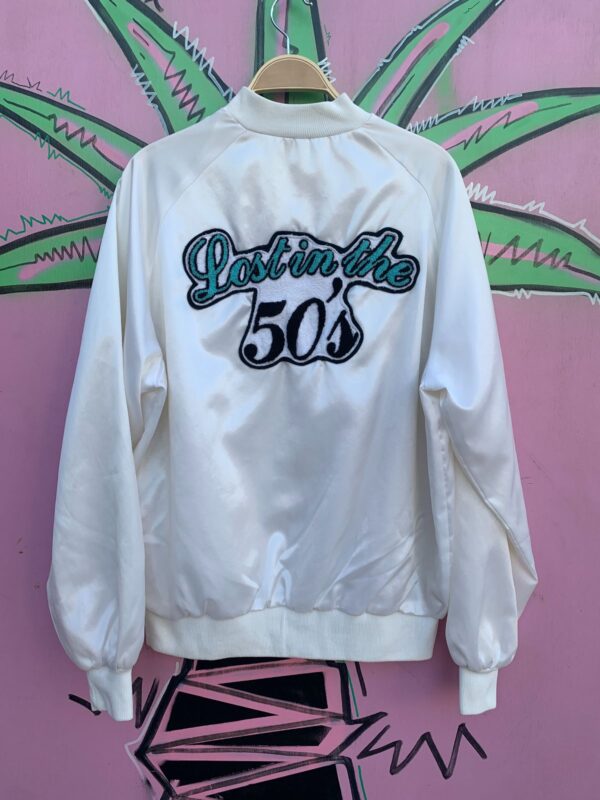 EMBROIDERED LOST IN THE 50S DICE WHITE SATIN BOMBER JACKET