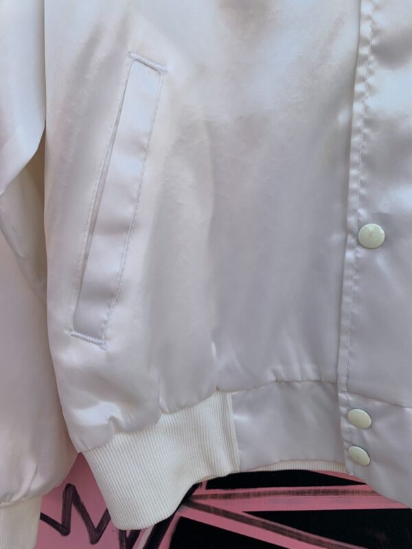 EMBROIDERED LOST IN THE 50S DICE WHITE SATIN BOMBER JACKET