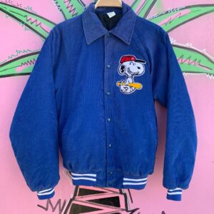 Photo detail:COLLARED CORDUROY VARSITY SNAP UP JACKET W/ CHENILLE SNOOPY PATCH