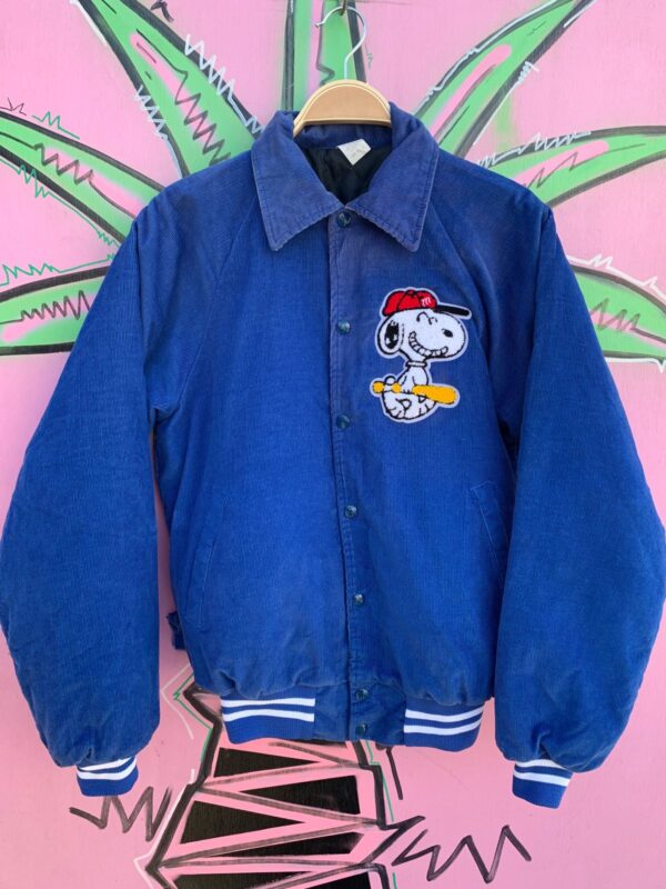 COLLARED CORDUROY VARSITY SNAP UP JACKET W/ CHENILLE SNOOPY PATCH