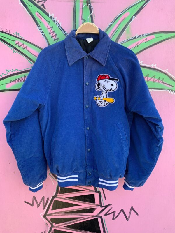 COLLARED CORDUROY VARSITY SNAP UP JACKET W/ CHENILLE SNOOPY PATCH