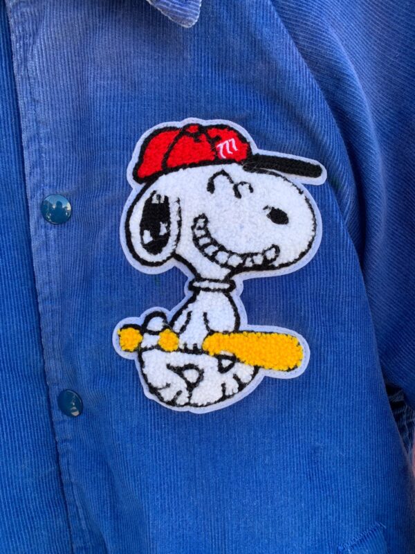 COLLARED CORDUROY VARSITY SNAP UP JACKET W/ CHENILLE SNOOPY PATCH