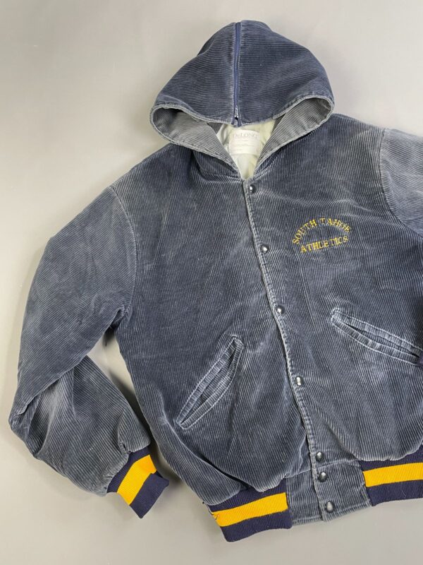 SOUTH TAHOE ATHLETICS EMBROIDERED CORDUROY HOODED VARSITY JACKET